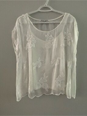 Angela Moda Made in Italy Sheer Silk Blend Floral Embroidered Top White L/G